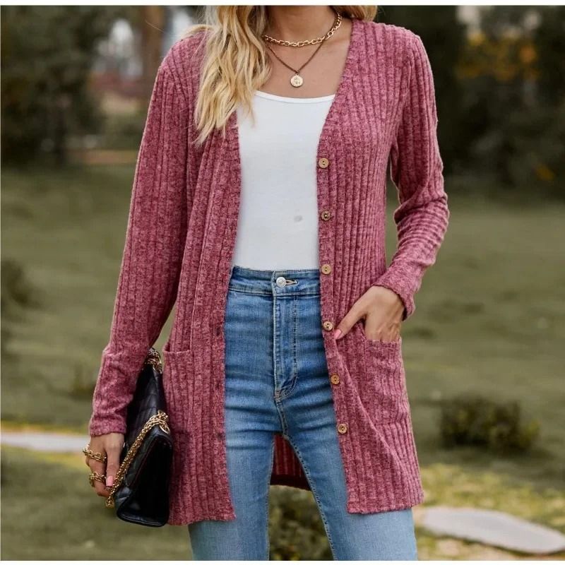 Women Long Sleeve Button V Neck Casual Cardigan Jacket