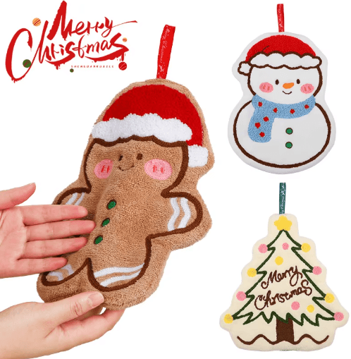 Festive Christmas Hand Towel – Cute Gingerbread Man & Snowman Holiday Towel