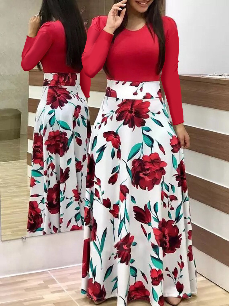 Long Dresses Autumn Flower Color Matching Dresses Women's Clothing