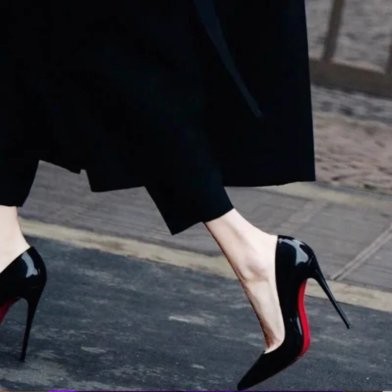 Sexy Black Red Sole High Heels, Pointed Toe Stiletto Heel, Shiny Patent Leather Women's Shoes for Spring Fashion