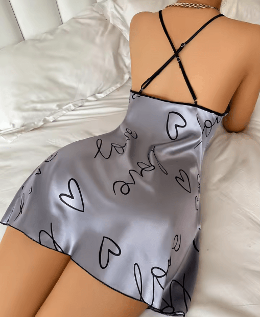 Womens Heart Letter Print Spaghetti Strap Nightdress – Casual Sleepwear Dress