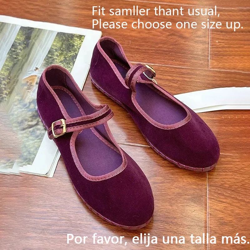 Women Velvet Mary Jane Shoes Hand Stitch Solid Red Flats, Casual Streetwear Cloth Ballet Pumps Loafers