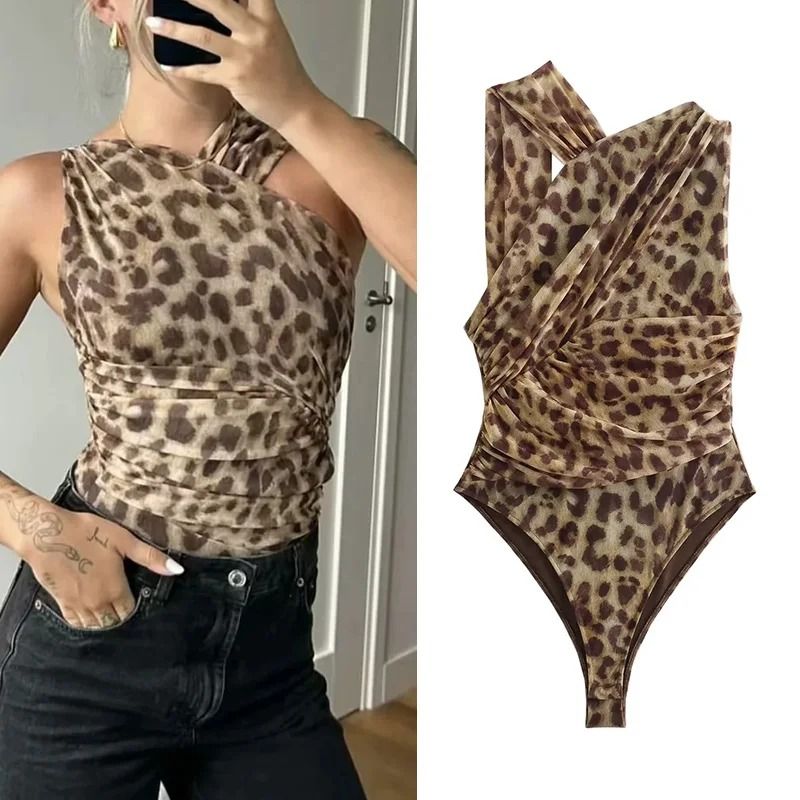 Womens Leopard Print Mesh Bodysuit Off Shoulder Sleeveless Sexy Bodysuit Top