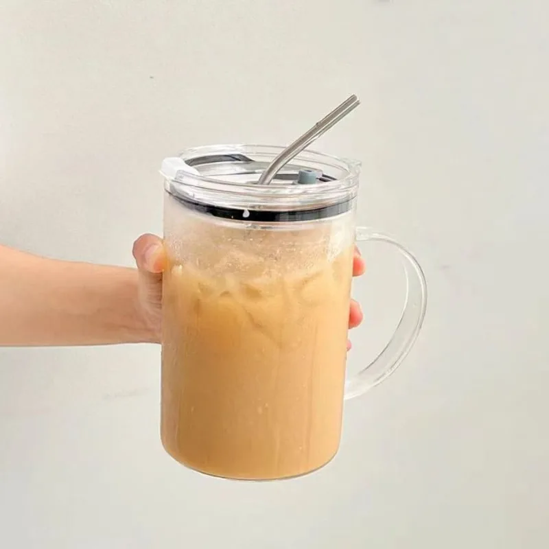 Glass Drinking Tumbler with Lid and Straw, Transparent Coffee Mug, Milk Juice Cup, Mocha Glass Cup, Juice Mug