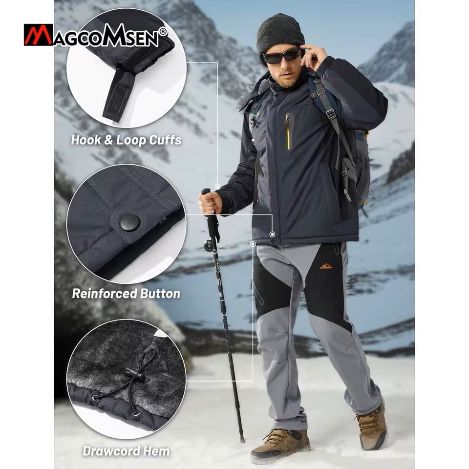 Mens Waterproof Ski Jacket with Fleece Lining and Removable Hood