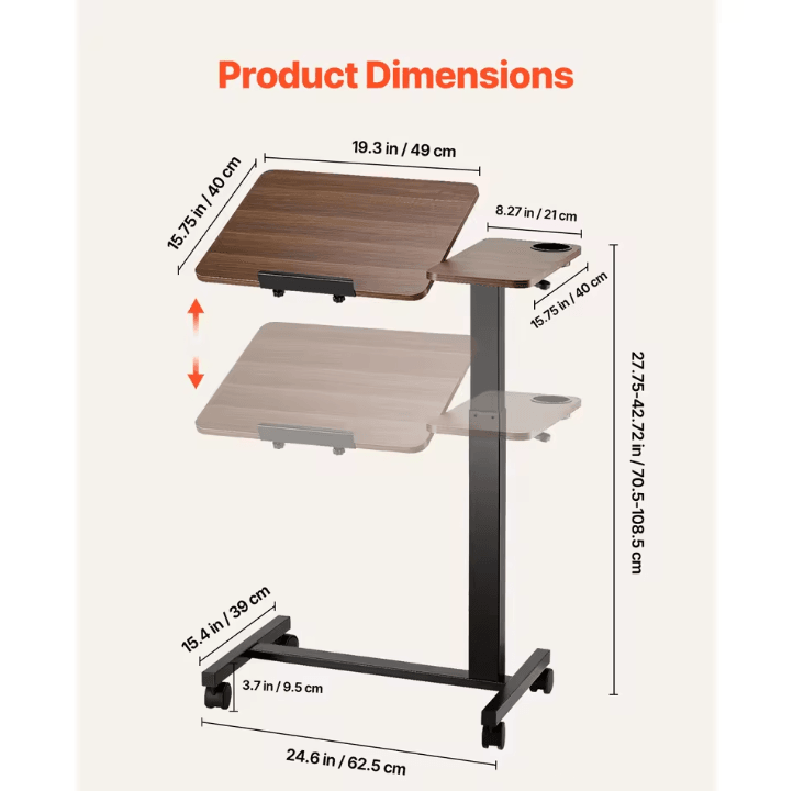 Mobile Overbed Table Adjustable Laptop Desk with Swivel Casters for Home Office and Study