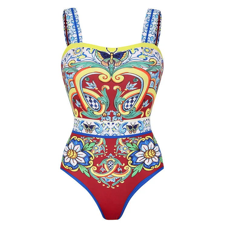 Vintage Pattern Printed One Piece Swimsuit, Swimwear Bikini Set for Women