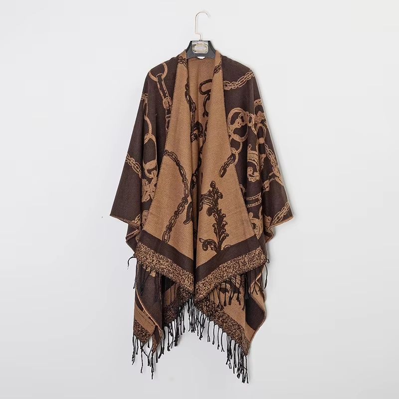 Luxury Jacquard Cashmere Poncho Cape, Thick Unisex Travel Shawl Wrap