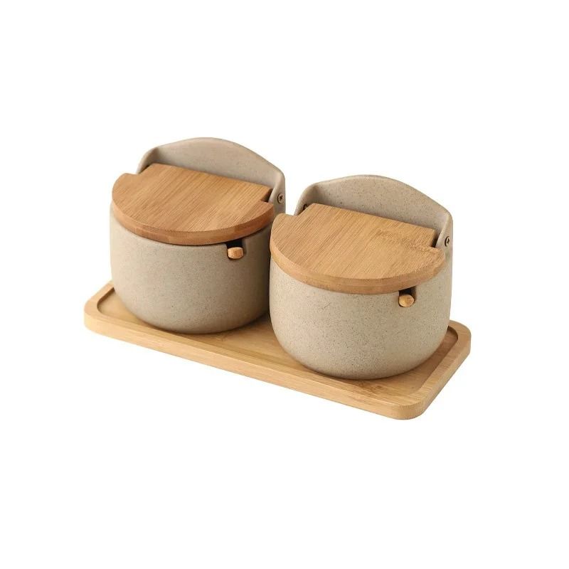 Japanese Style Ceramic Seasoning Jar Set With Bamboo Lid And Spoon