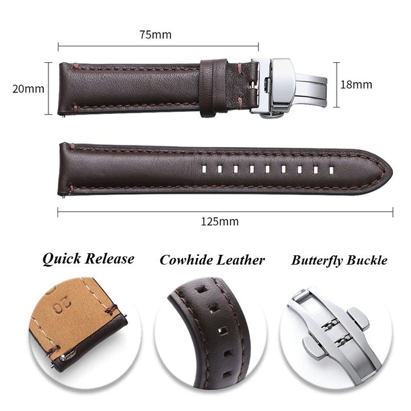 Genuine Cowhide Leather Watch Strap with Classic Stitching