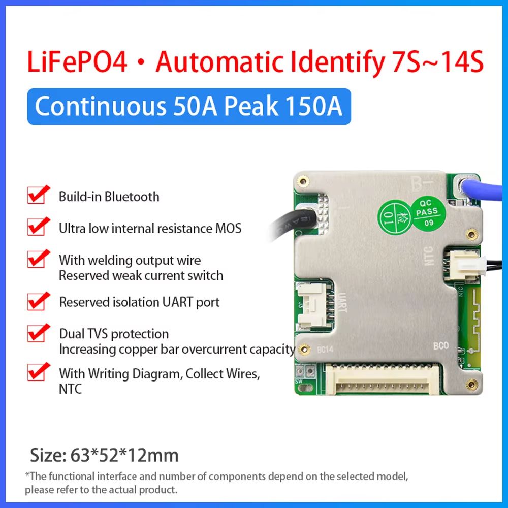 JiaBaiDa Smart BMS 7S–14S 20A/30A Battery Management System – Automatic Identify LFP NMC 24V 36V 48V Protection Board