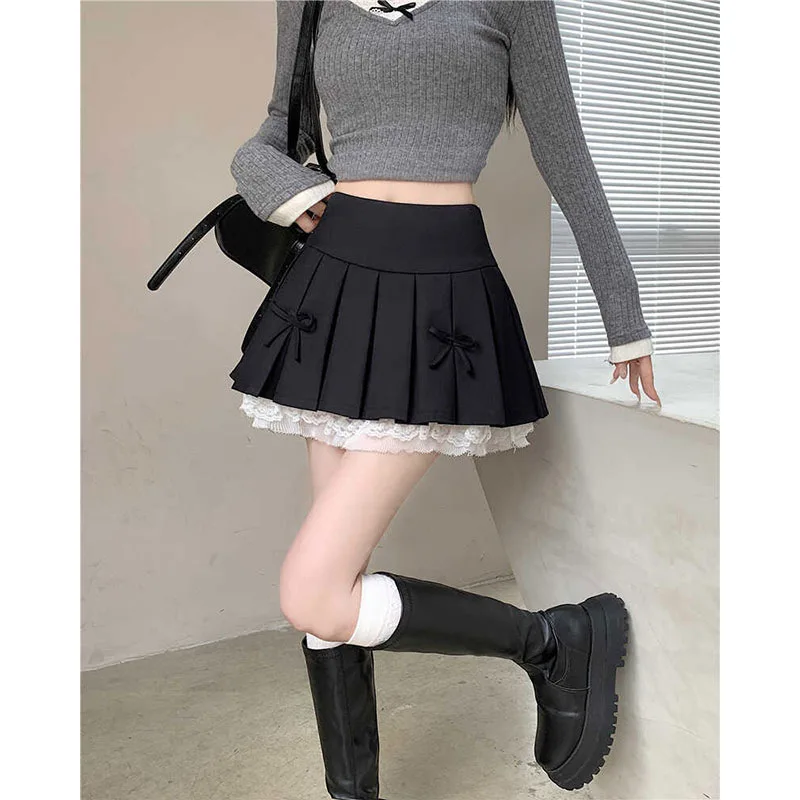 Pure Desire Aesthetic Skirt for Women, High Waisted, A Line Short Spring Skirt, with Lace Bow Trim and Pleats