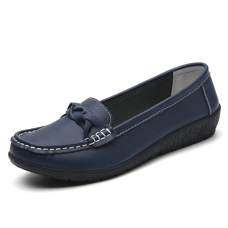 Women Leather Moccasins Shoes, Round Toe Flats, Slip On Black Casual Shoes