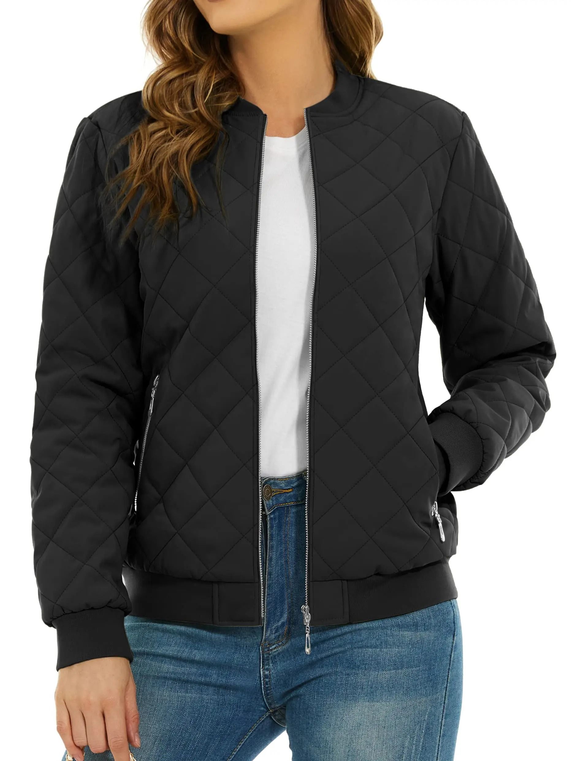 Womens Diamond Quilted Bomber Jacket Full Zip Warm Padded Coat