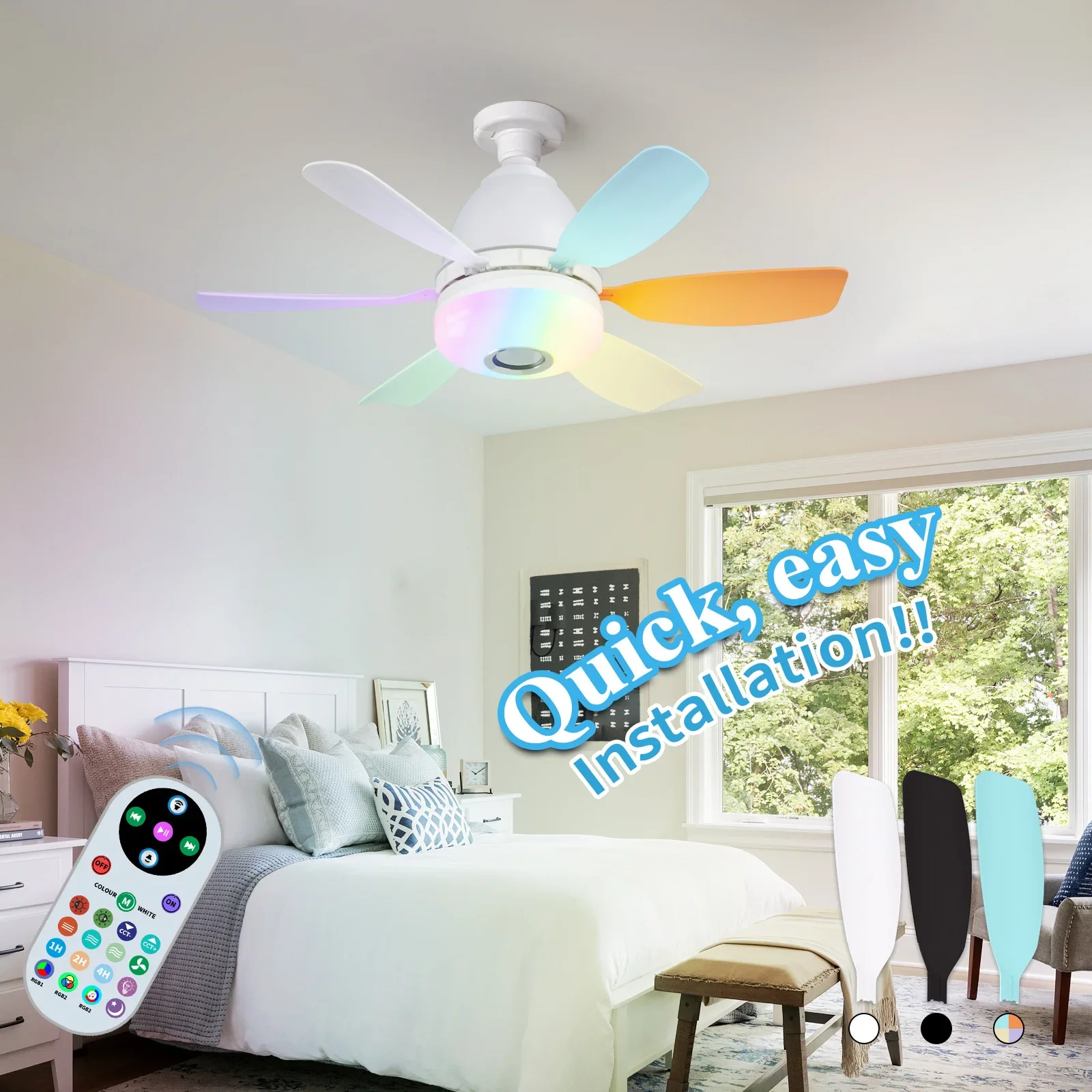 Noiseless Socket Fan Light with Remote, Small Ceiling Fans, Dimmable LED Light, Bluetooth Speaker