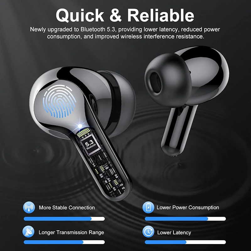 Wireless Earbuds with Noise Cancelling LED Display & Waterproof HiFi Stereo Sound Bluetooth Earphones
