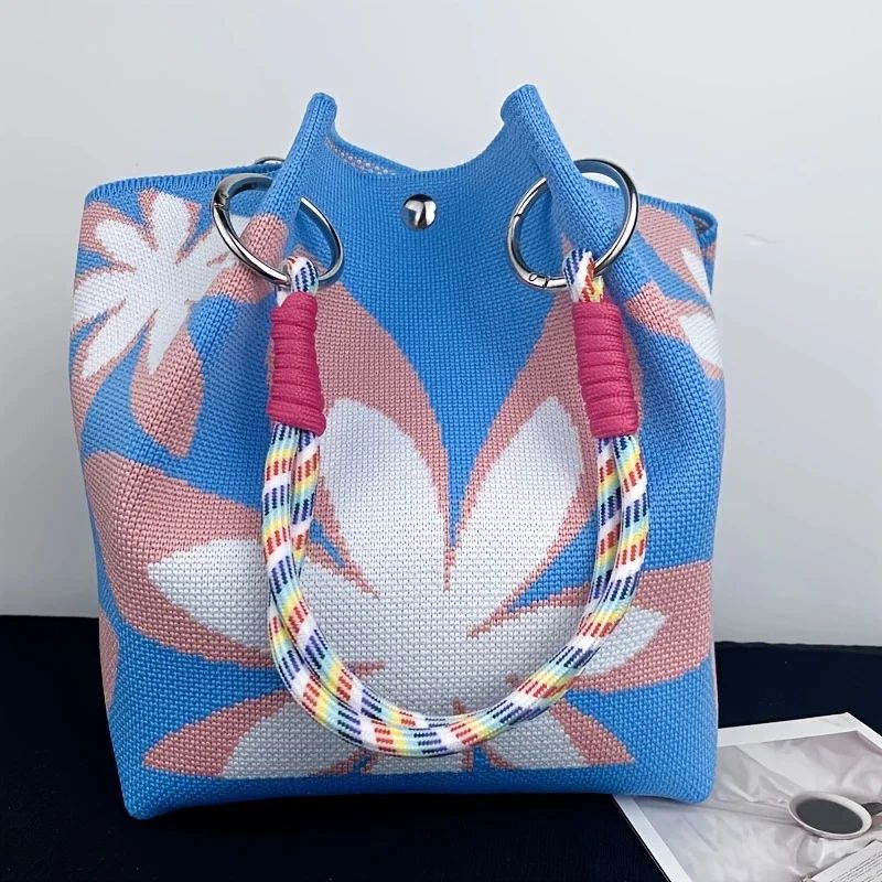 Vintage Floral Knit Tote Bag for Women
