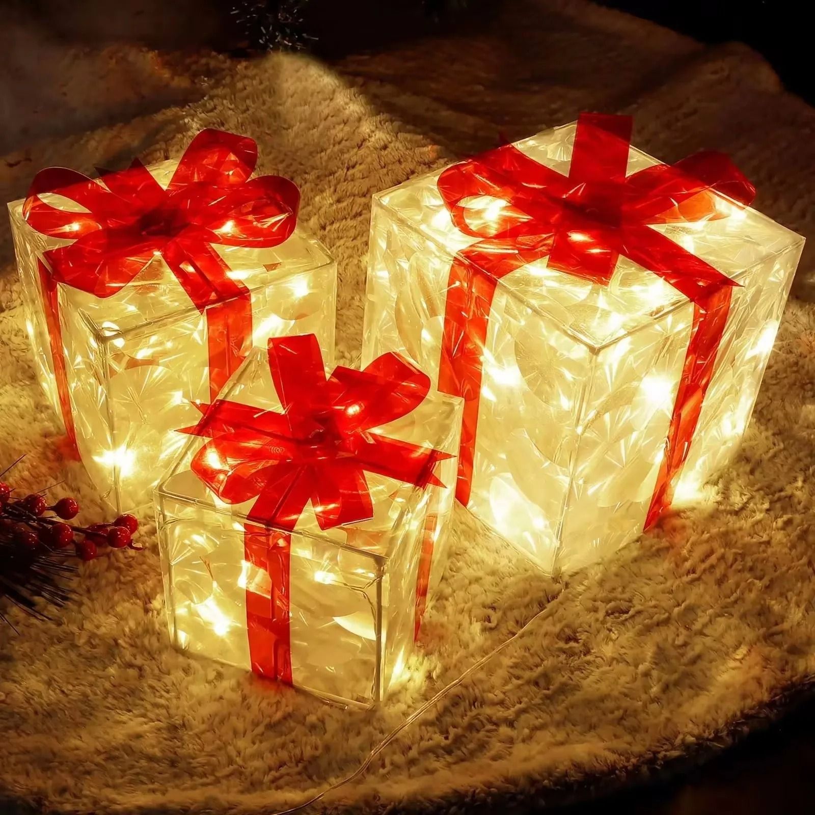 Solar Glowing Gift Box Decoration Ornament with Bow for Home and Yard
