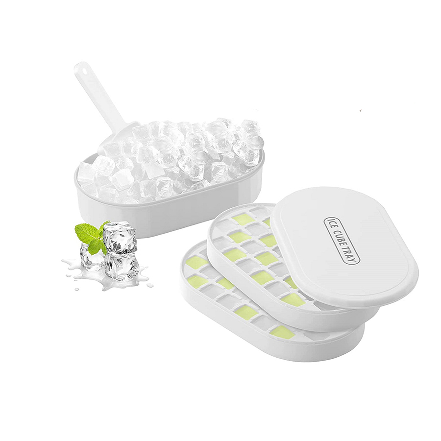 Stackable Double Ice Cube Tray with Lid and Case, Ice Cubes with Container and Spoon Included BPA Free