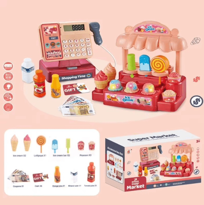 Kids Supermarket Play Set – Scanning Cash Register with Coins, Bills, Sound & Lights
