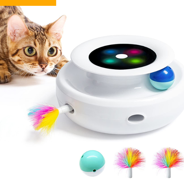 2 in 1 Smart Cat Toy Automatic Feather Fun Ball Toy Set, Interactive Electronic Pet Toy for Cats and Dogs