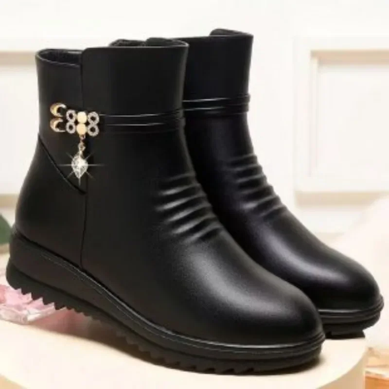 Winter Shoes Women, Solid Black Snow Boots, Furry Ankle Boots, Metal Classic Womens Winter Boots, Cozy Footwear