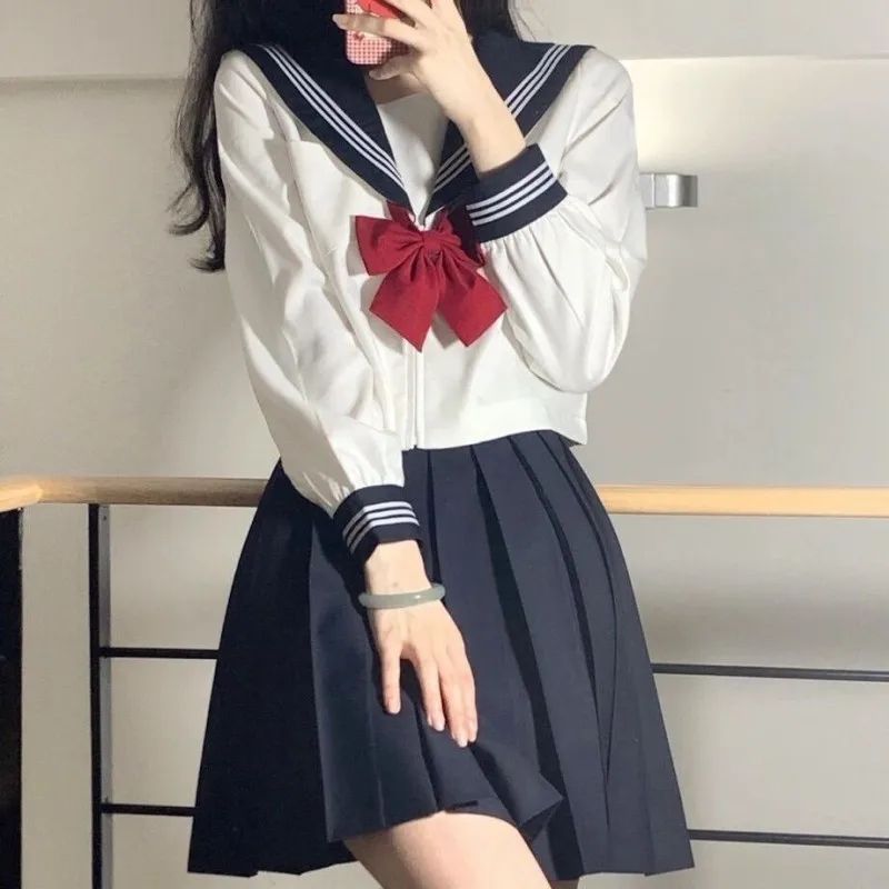 Women's Japanese JK Sailor School Uniform Set – Classic Long Sleeve Anime Cosplay Outfit with Red Tie