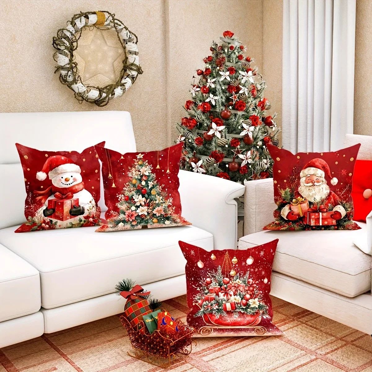 Christmas Santa Snowman Pillow Cover for Sofa and Home Decor