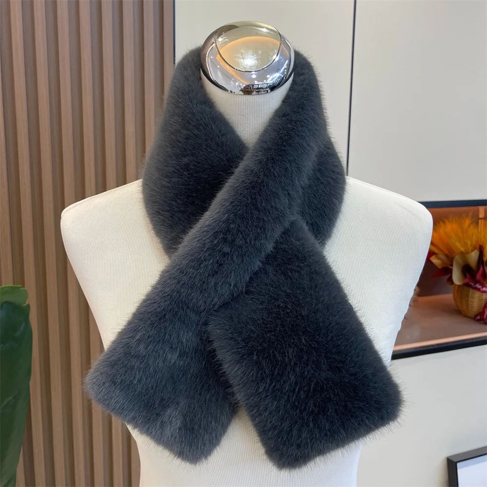 Luxury Faux Rabbit Fur Cross Collar Scarf – Women's Thick Winter Furry Neck Warmer