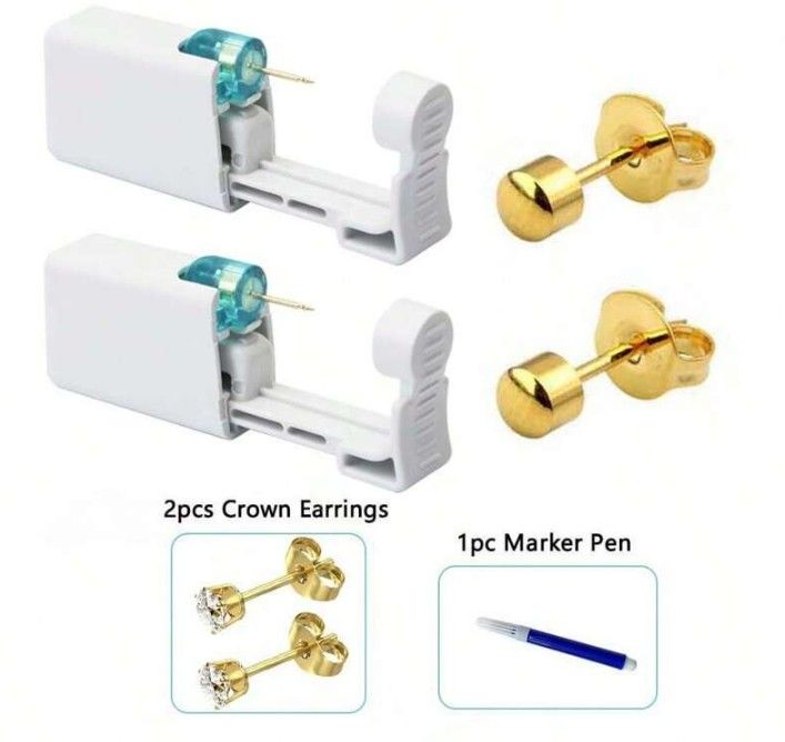 2PCS Disposable Ear Piercing Kit – Built-in Stud Guns + Bonus Cubic Zirconia Earrings | Safe & Easy Home Use Tool