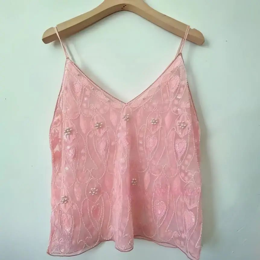 Sequin Beaded Flower Open-Back V-Neck Cami – Sheer Chic Summer Vest