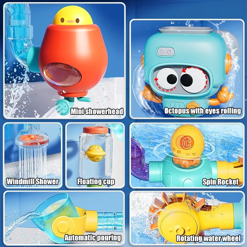 Splash and Spin Baby Bath Toys with Suction Cups and Water Tubes Set