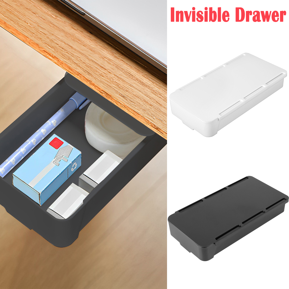 Under Desk Drawer Storage Box, Self Stick Pencil Tray, Sundries Organizer Holder for Stationery, Home Office Cosmetics
