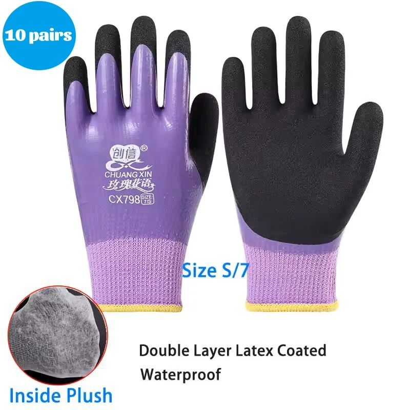 Winter Thermal Waterproof Work Gloves with Anti Slip Double Latex Coating 10 Pair Set