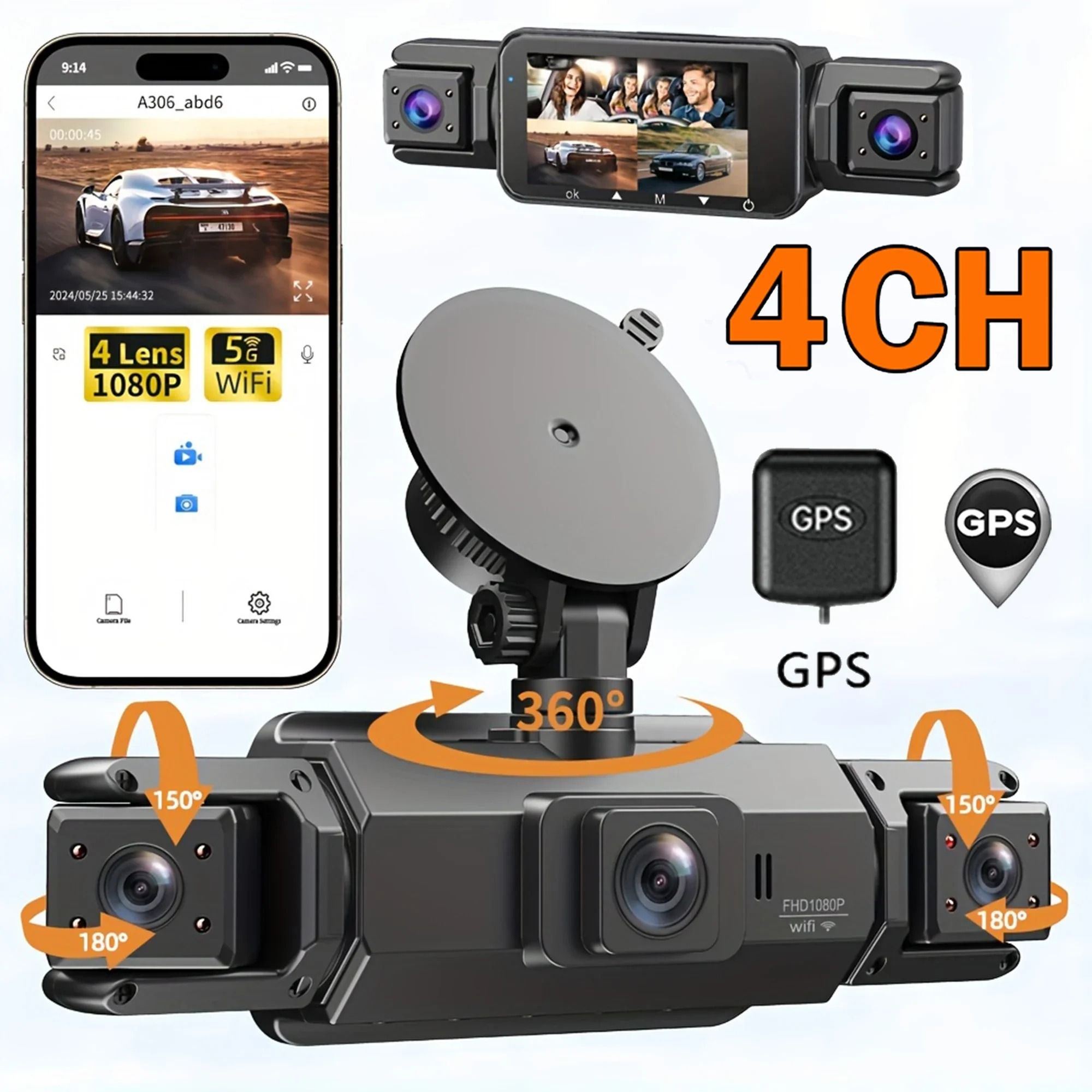 4CH GPS Dashcam with 360 Degree Recording and Parking Monitor