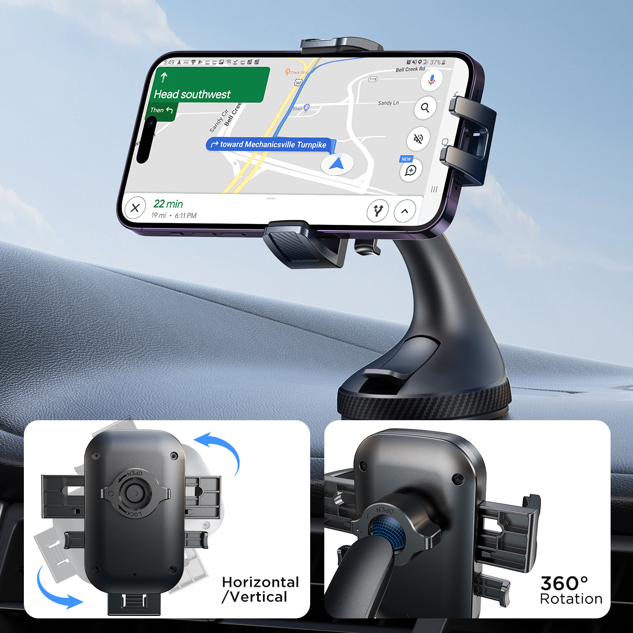 Dashboard Windshield 360 Rotation, Strong Suction Hands Free Cell Phone Mounts, Universal Phone Holder Mount