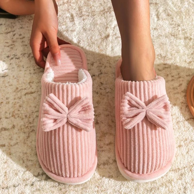 Fashion Womens Bow Slippers Warm Indoor Winter House Shoes