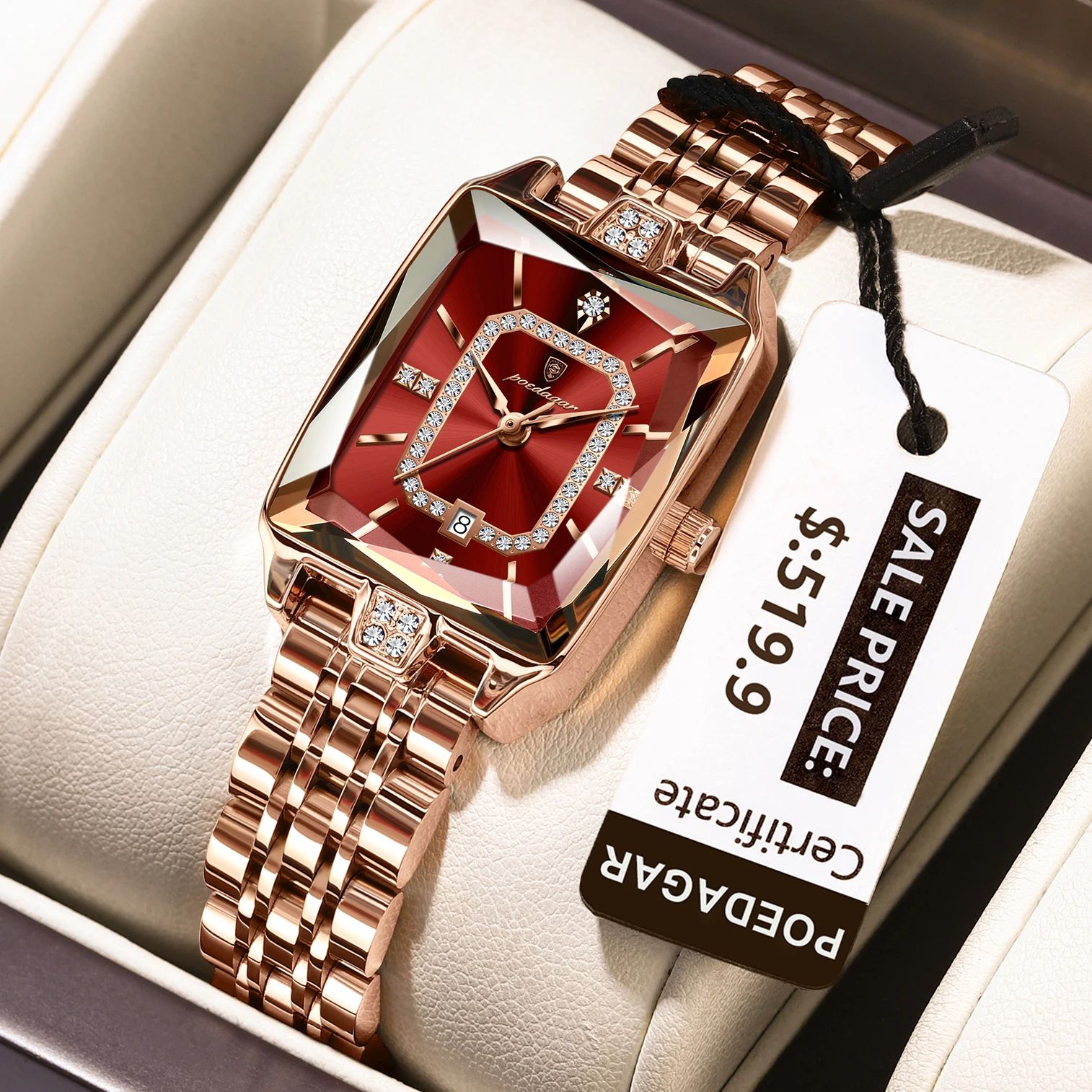 POEDAGAR Luxury Waterproof Rectangle Women's Quartz Watch with Calendar