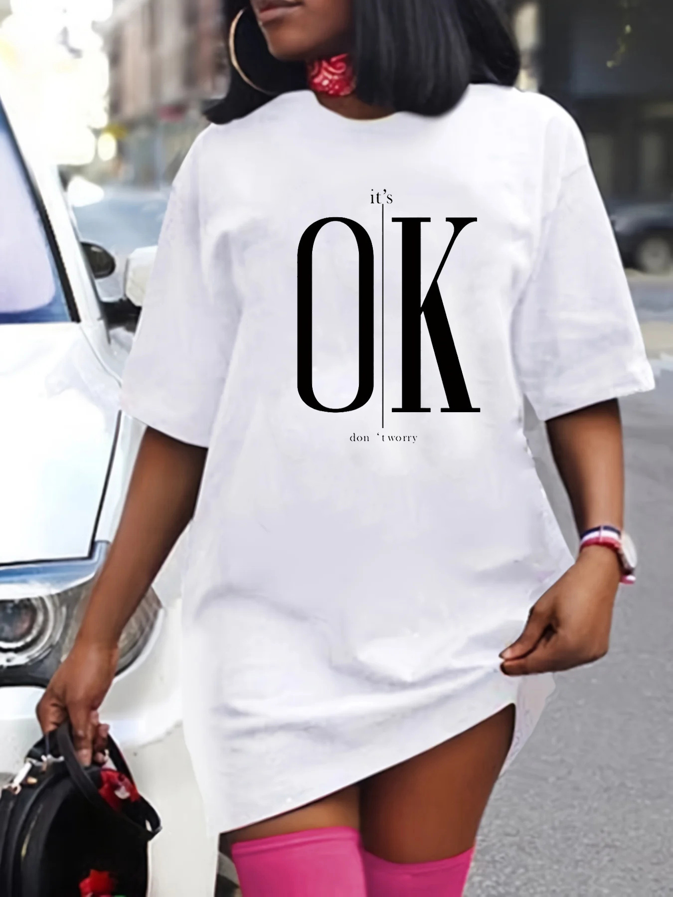 Women's Summer Casual Lip Print Loose Size Round Neck Short Sleeved T-shirt Dress, Comfortable and