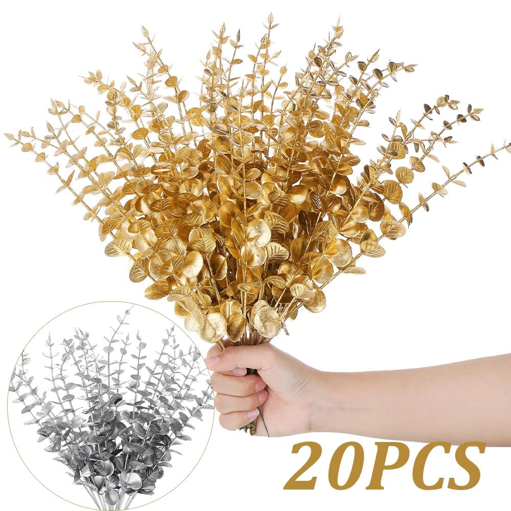 Gold & Silver Eucalyptus Design Stems – 20-Piece Metallic Faux Branch Set for Weddings, Holidays & Home Styling