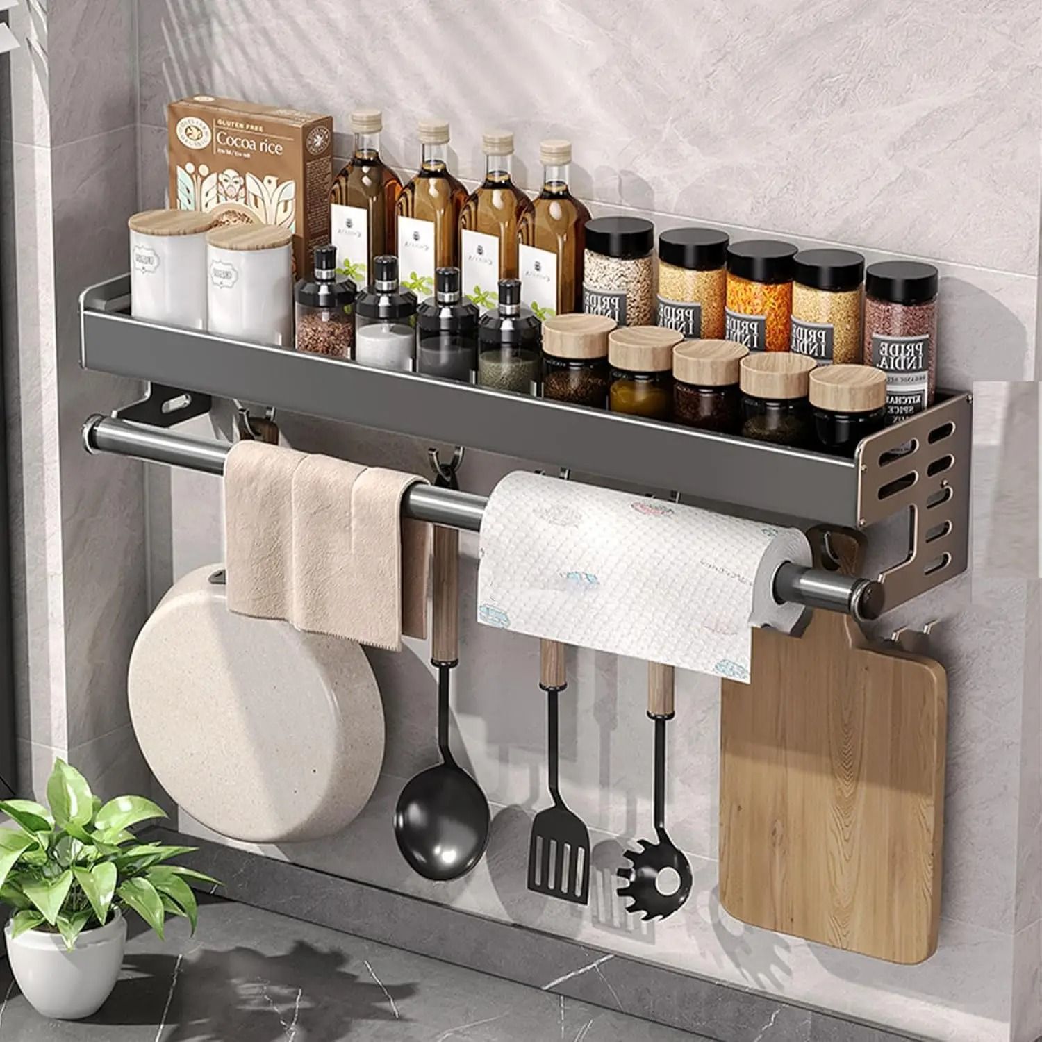 Wall-Mount Utensil & Spice Organizer – Multifunctional Kitchen Hanging Storage Shelf with Hooks
