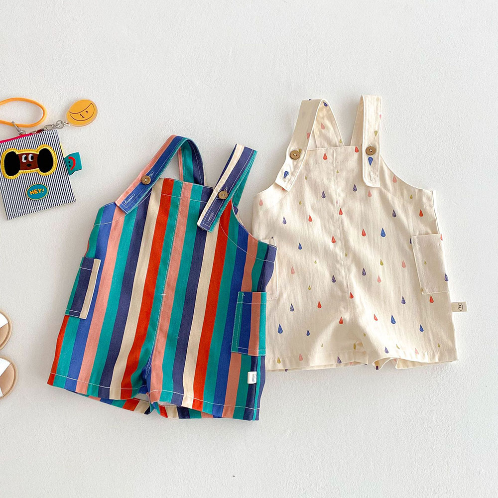 9M-5T Summer Kids Clothes, Colorful Striped Overalls with Raindrop Print, Girls Jumpsuit Outfit