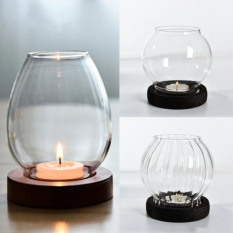 Transparent Round Glass Candlestick Retro Home Windproof Candle Holders, Elegant Table Decor Ornament for Wedding Party