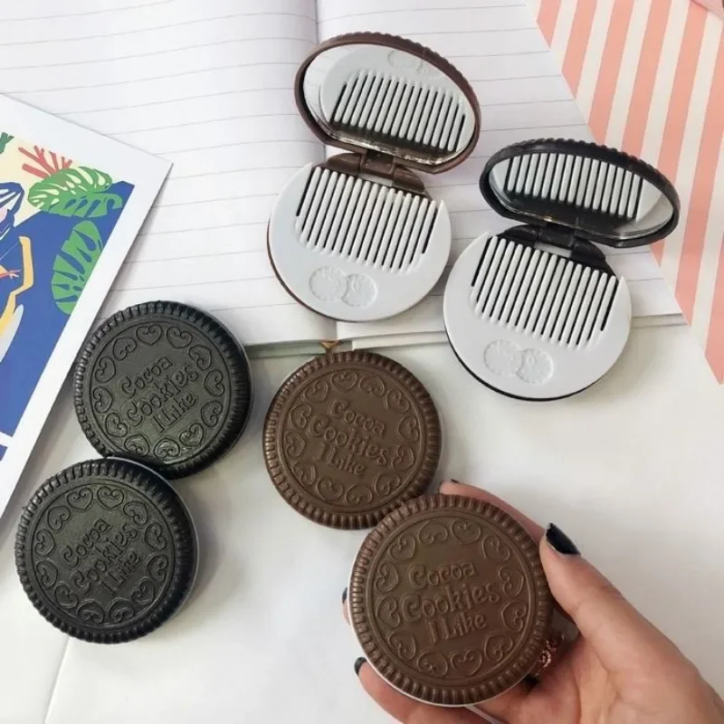 Kawai Outside Pocket Mirrors, Chocolate Biscuit Round Folding Make Up Mirror, Women Small Cocoa Mirror with Combs