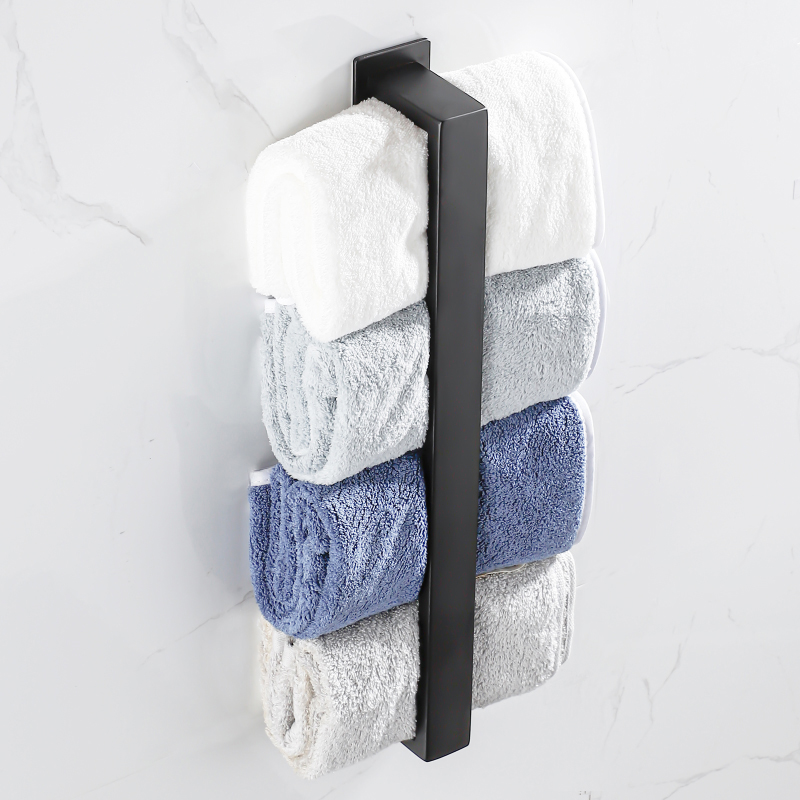 No Drill Black Stainless Steel Towel Holder, Self Adhesive Bathroom Towel Rack, Wall Shower Shelf