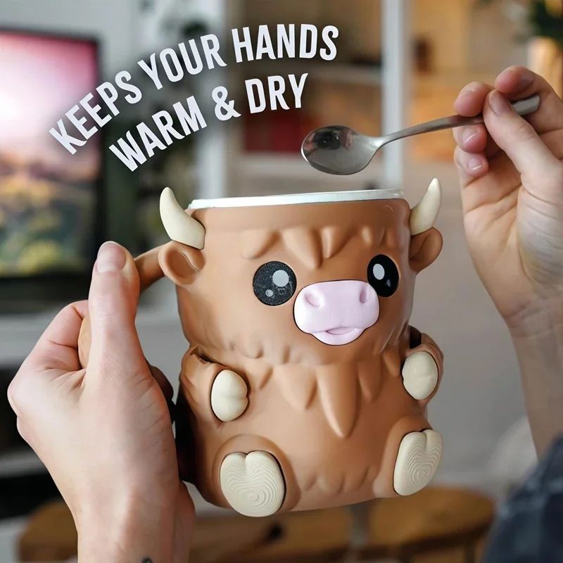 Scottish Highland Cow 3D Ceramic Coffee Mug – Cute Cartoon Kyloe Breakfast Cup Gift