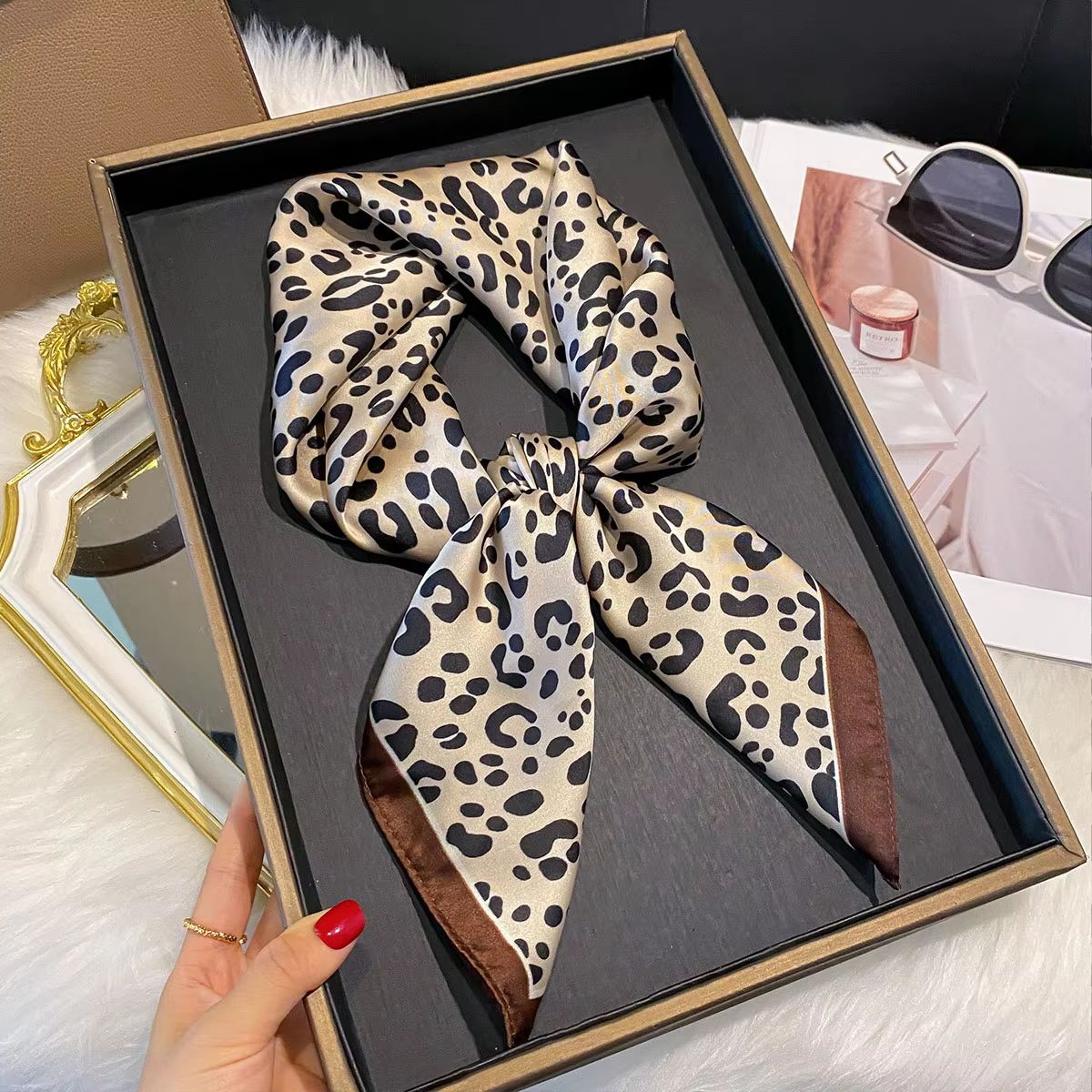 Leopard Print Satin Square Scarf for Women Hair Headband Neck Accessory