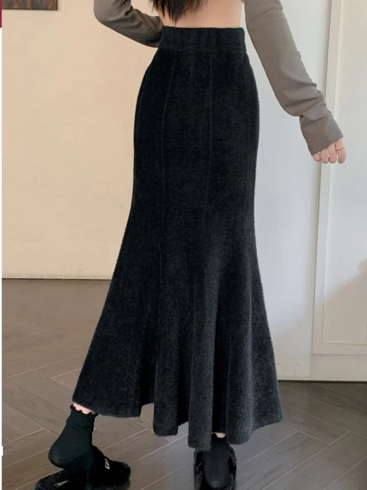 Women's High Waist Knitted Mermaid Maxi Skirt – Thick Mohair Fishtail Winter Skirt