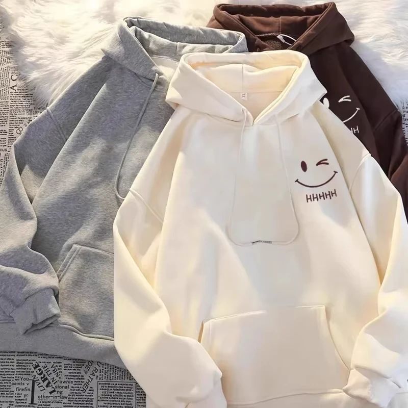 Heavyweight American Hoodie, Men's Smiling Face Pullover, Fashion Couple Thickened Cashmere Sweatshirt