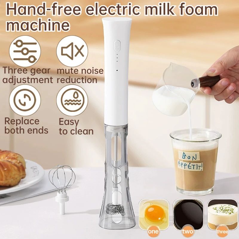 3-Speed Electric Milk Frother Wand with Dual Heads – Handheld Battery Operated Coffee & Baking Mixer